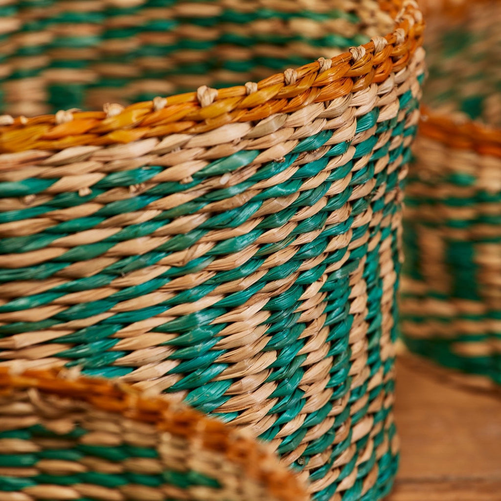 Turquoise Striped Seagrass Round Basket - BSK15 - LARGE - Uneeka