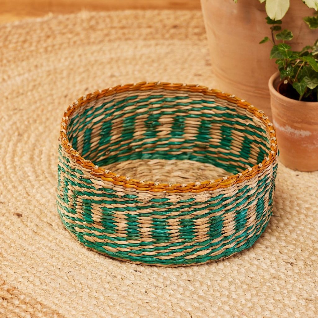 Turquoise Striped Seagrass Round Basket - BSK15 - MEDIUM - Uneeka