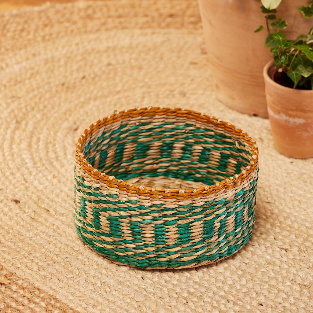 Turquoise Striped Seagrass Round Basket - BSK15 - SMALL - Uneeka