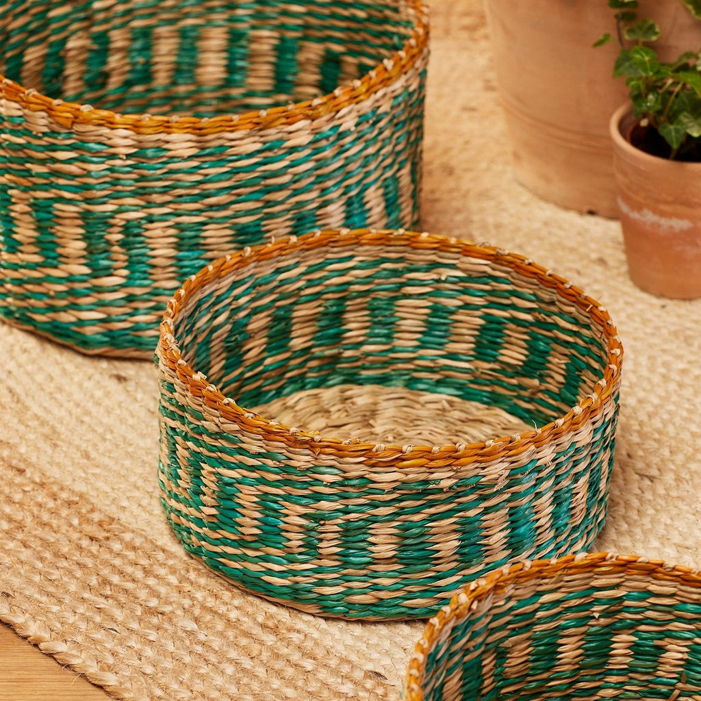 Turquoise Striped Seagrass Round Basket - BSK15 - SMALL - Uneeka