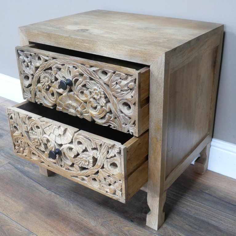 Two Drawer Carved Mango Wood Bedside - 10220 - Uneeka