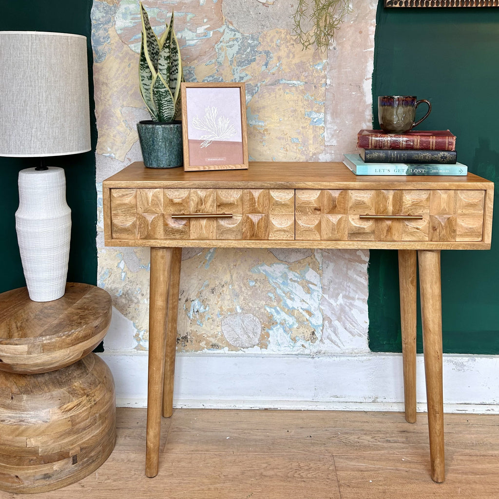 Two Drawer Checkerboard Mango Wood Console Table - M2152 - Uneeka