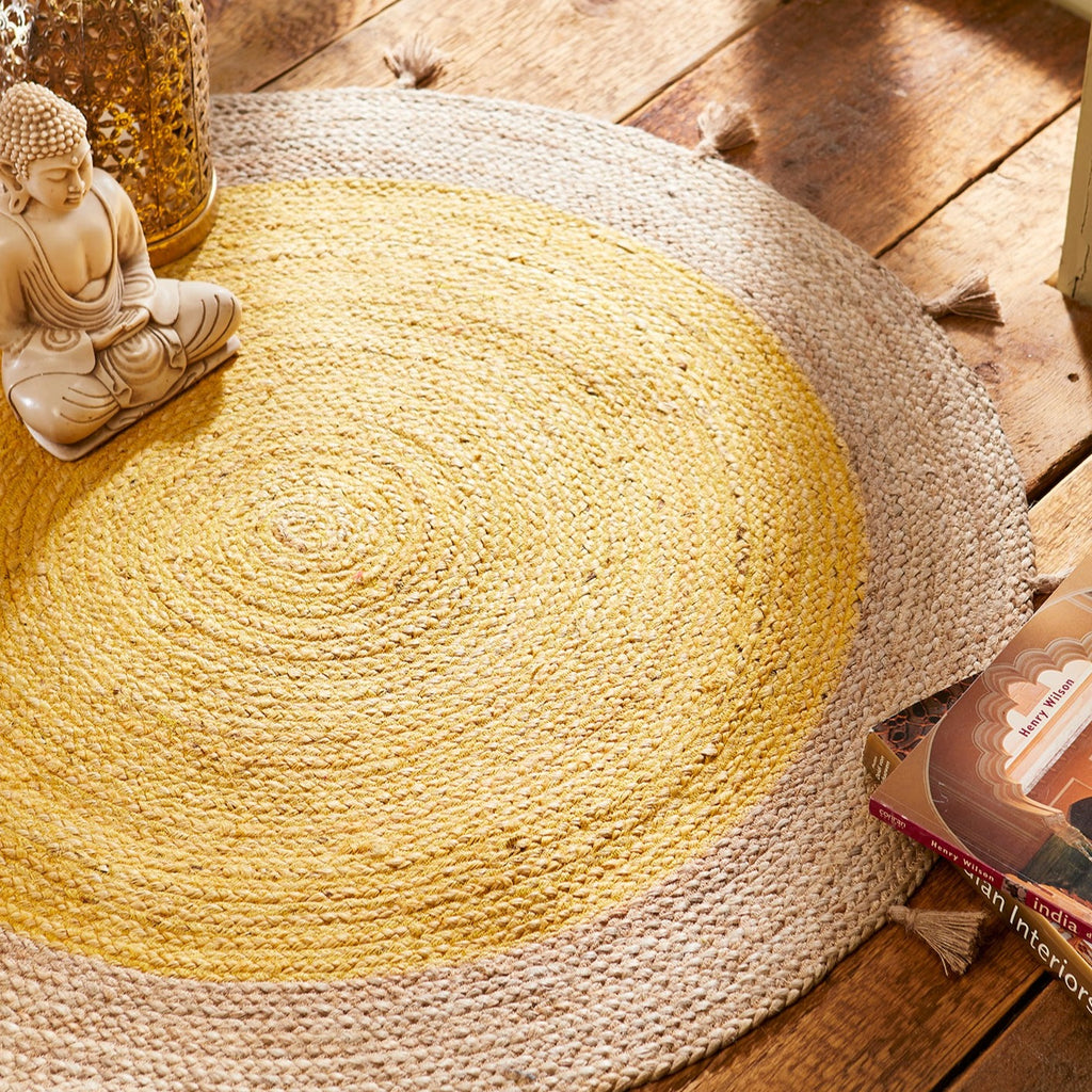 Simple Coloured Jute Rug With Tassels yellow
