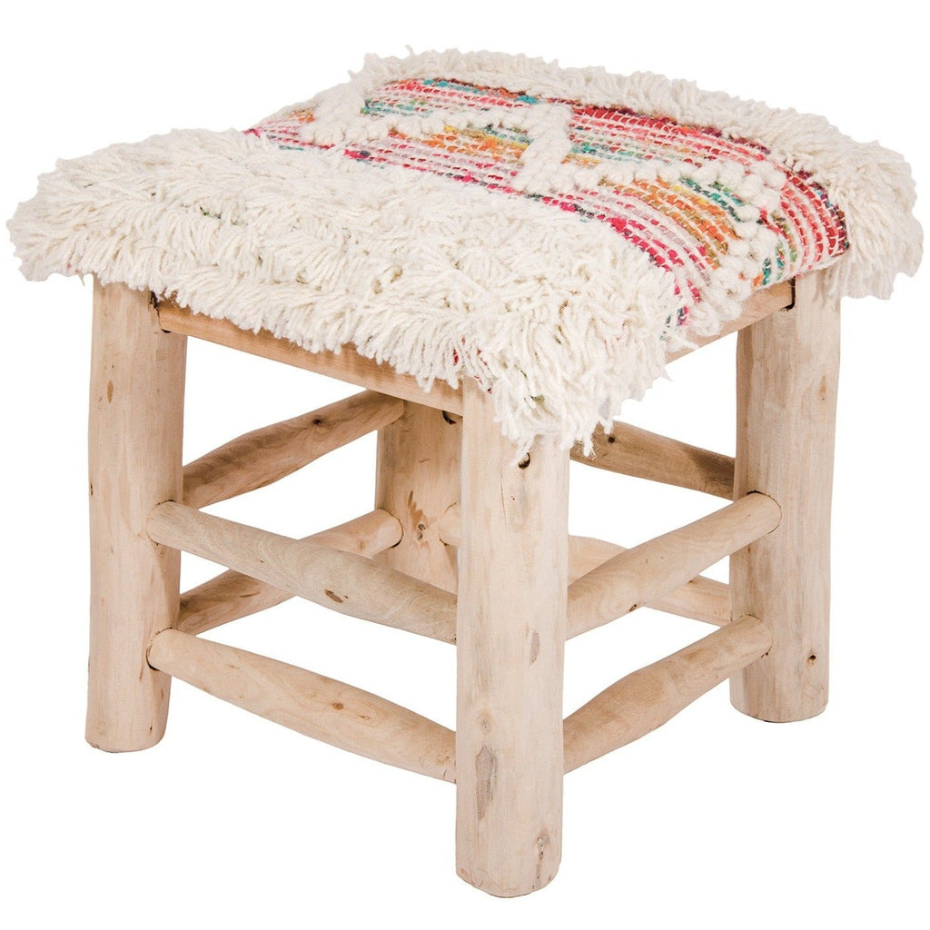 White and Multi Coloured Wool & Recycled Fabric Stool - STOOL210 - Uneeka