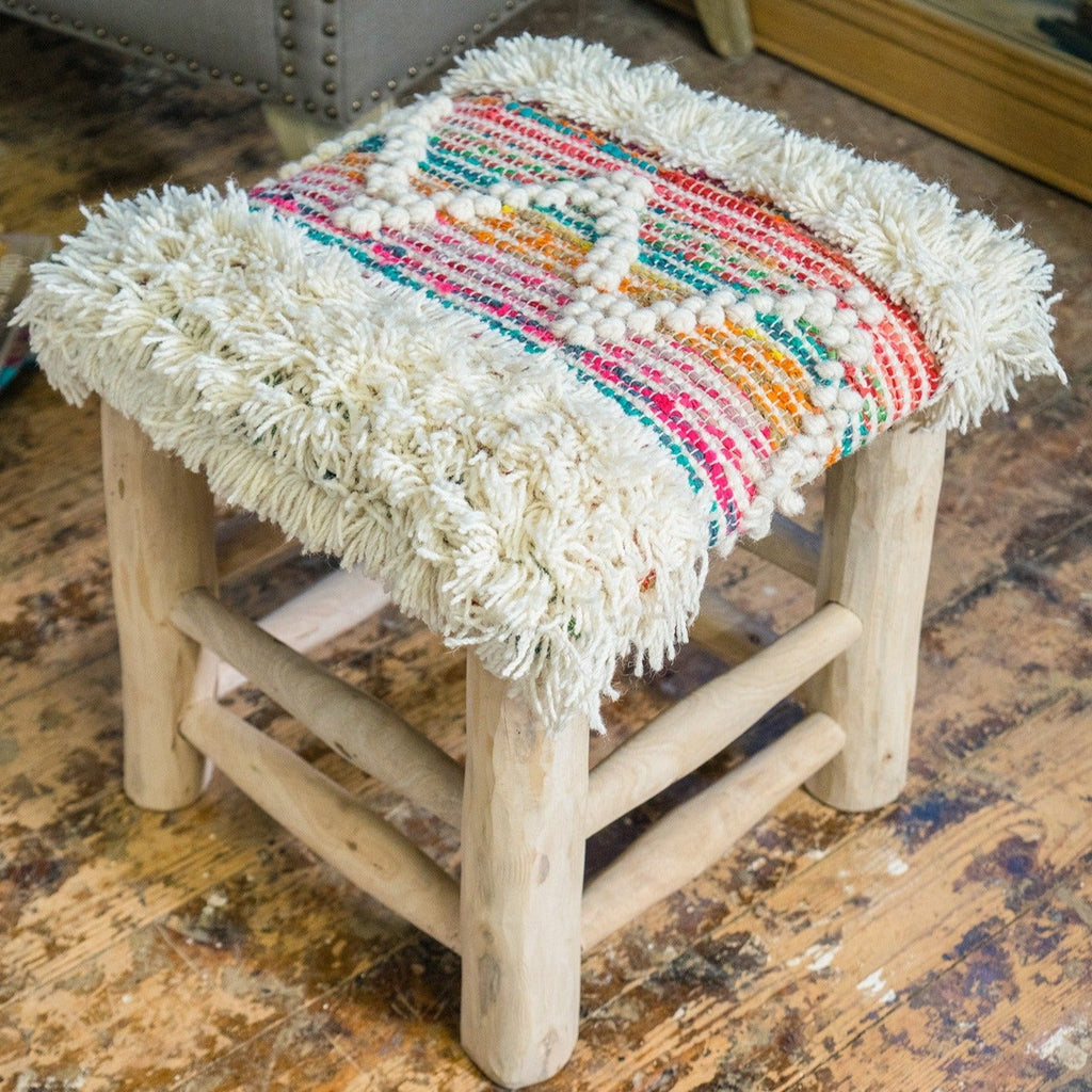 White and Multi Coloured Wool & Recycled Fabric Stool - STOOL210 - Uneeka