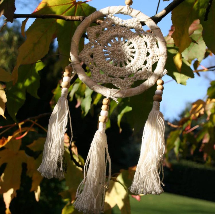 White Crochet Dream Catcher with Three Tassels - DCW07 - Uneeka