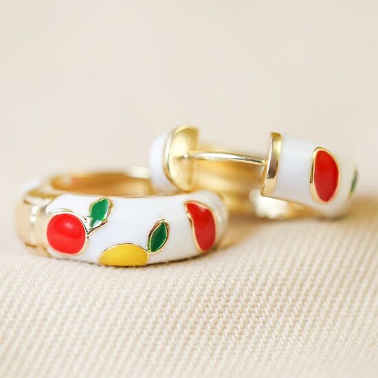 White Lemon & Fruit Enamel Huggie Hoops - 57611 - Uneeka