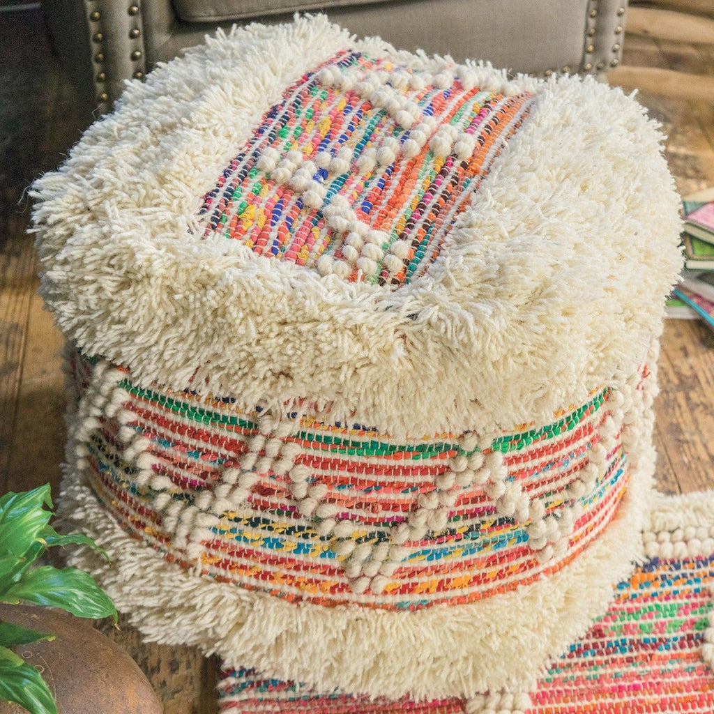 White / Multi Colour Wool & Recycled Fabric Pouffe - PO210 - Uneeka