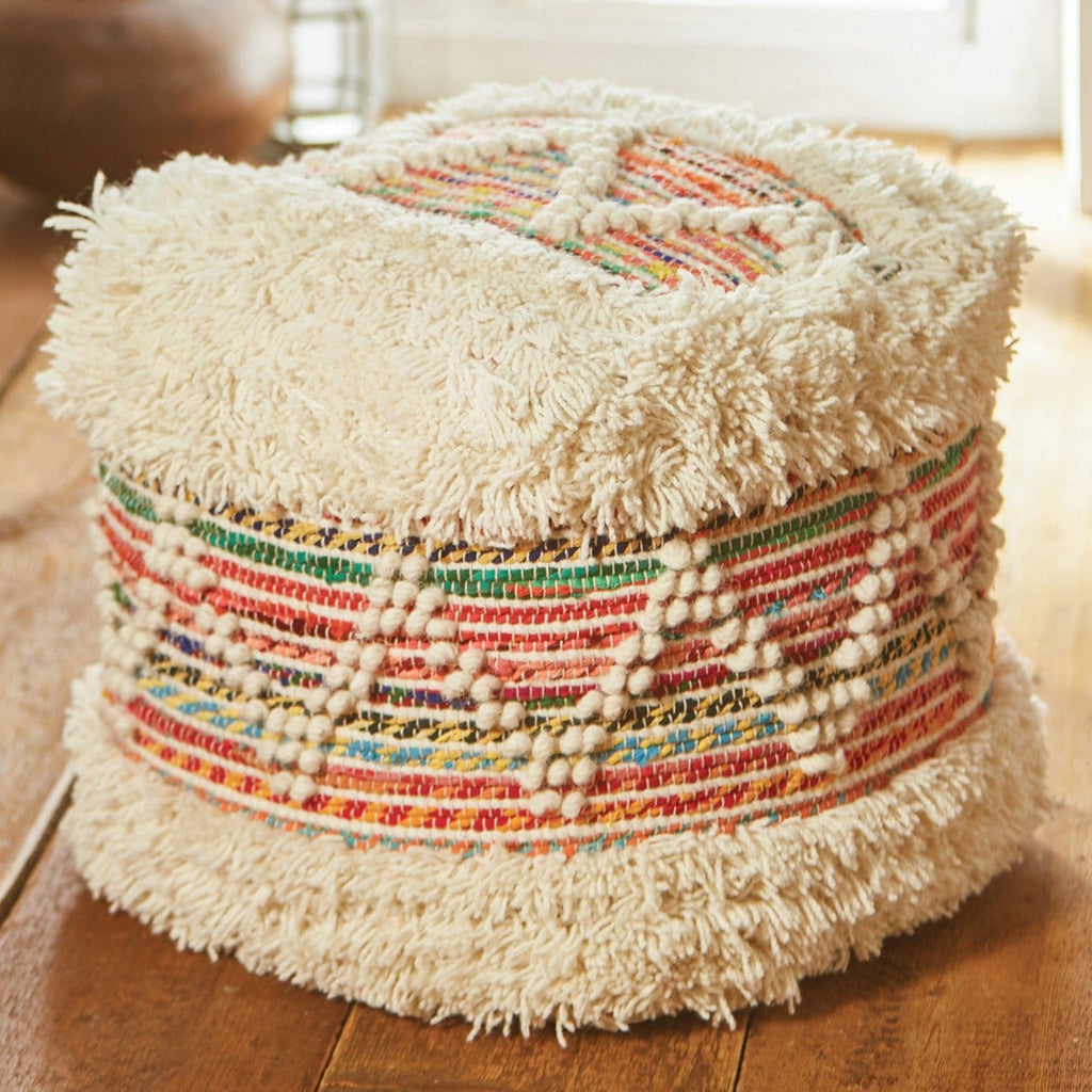 White / Multi Colour Wool & Recycled Fabric Pouffe - PO210 - Uneeka