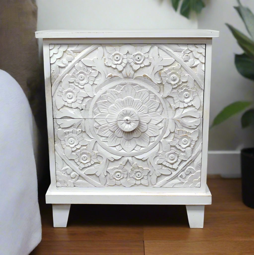 Whitewash Carved Front Two Drawer Cabinet - 12040 - Uneeka