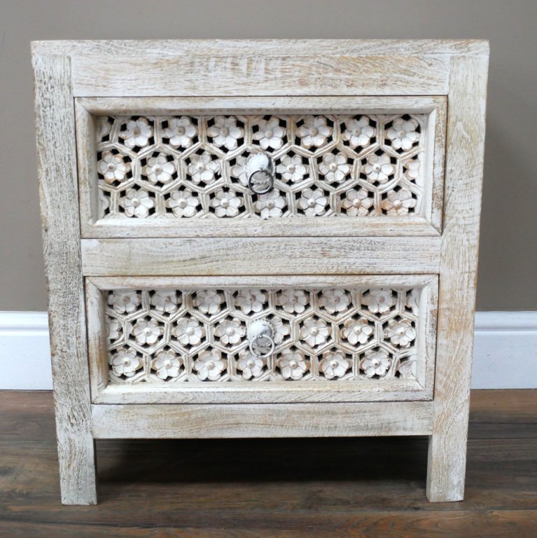 Whitewash Flower Detail Bedside Cabinet - 10241 - Uneeka