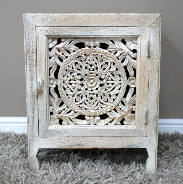 Whitewash Ornate Cut Out Bedside Cabinet - 10839 - Uneeka