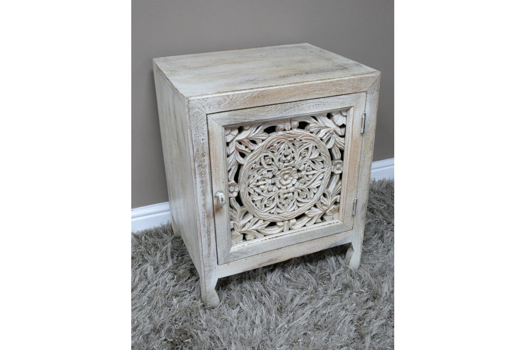 Whitewash Ornate Cut Out Bedside Cabinet - 10839 - Uneeka