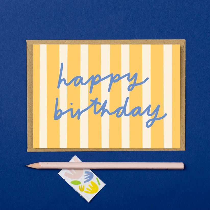 Yellow Stripe Happy Birthday Card - B20 Birthday Yellow Stripe - Uneeka