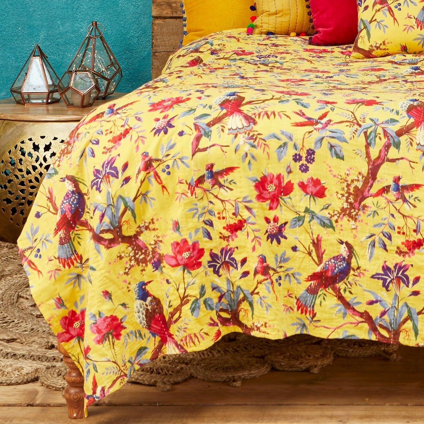 Yellow Throw With Birds Of Paradise Design - B13Y - Uneeka
