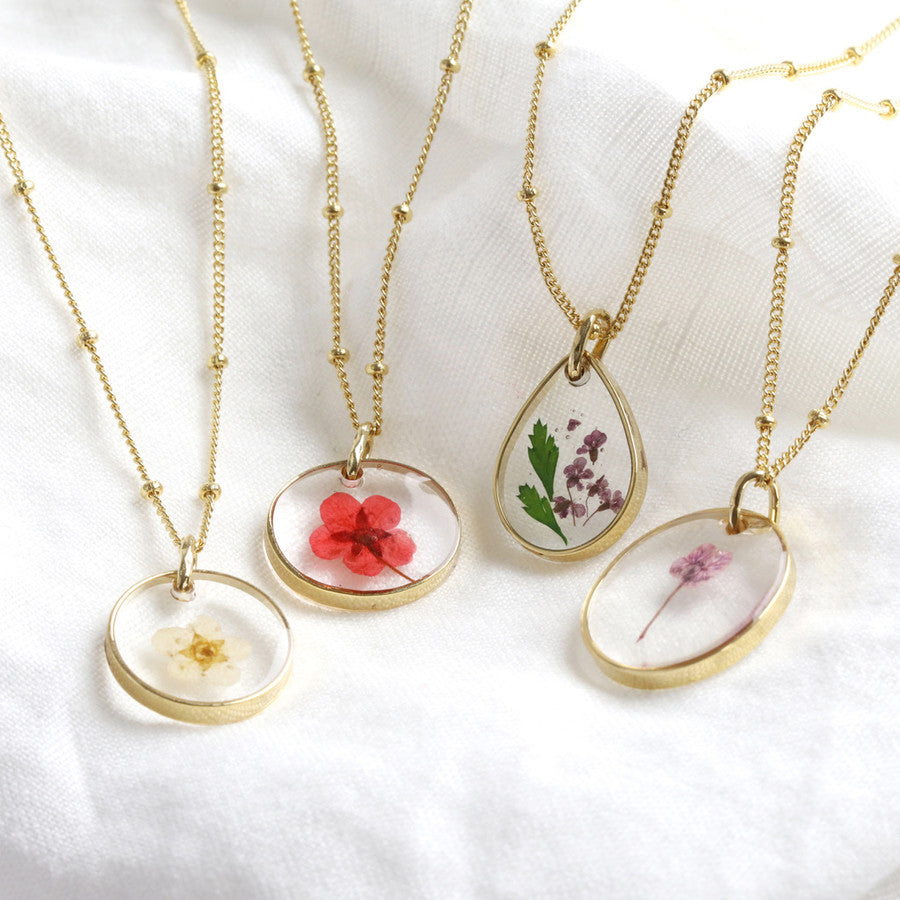 Real Pressed Birth Flower Pendant Necklace in Gold  