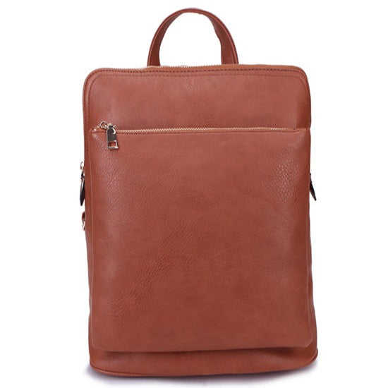 Square Faux Leather Backpack / Side Bag Brown
