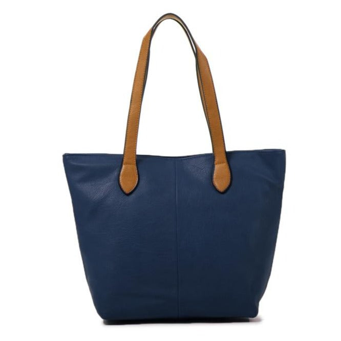 Faux Leather Hand Bag with Contrasting Handle and Zip Navy