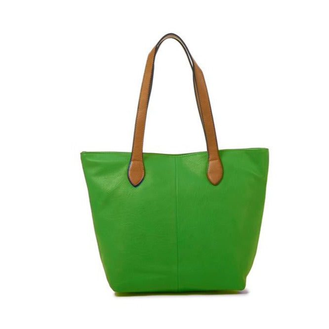 Faux Leather Hand Bag with Contrasting Handle and Zip Green