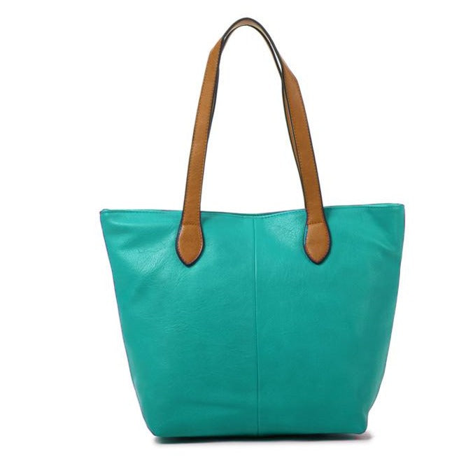 Faux Leather Hand Bag with Contrasting Handle and Zip Teal