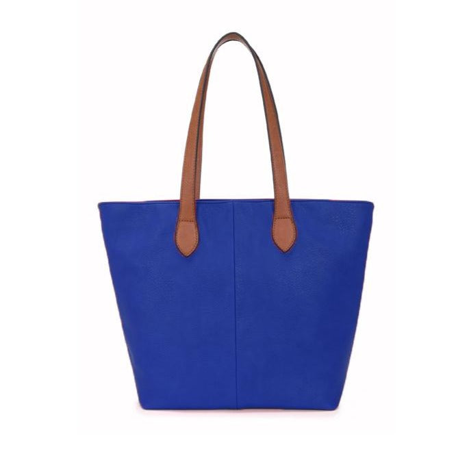 Faux Leather Hand Bag with Contrasting Handle and Zip Blue