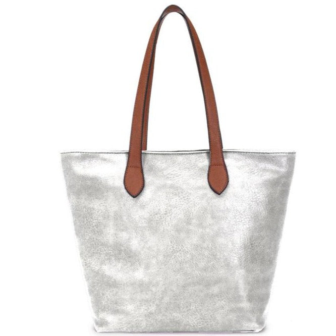 Faux Leather Hand Bag with Contrasting Handle and Zip Silver