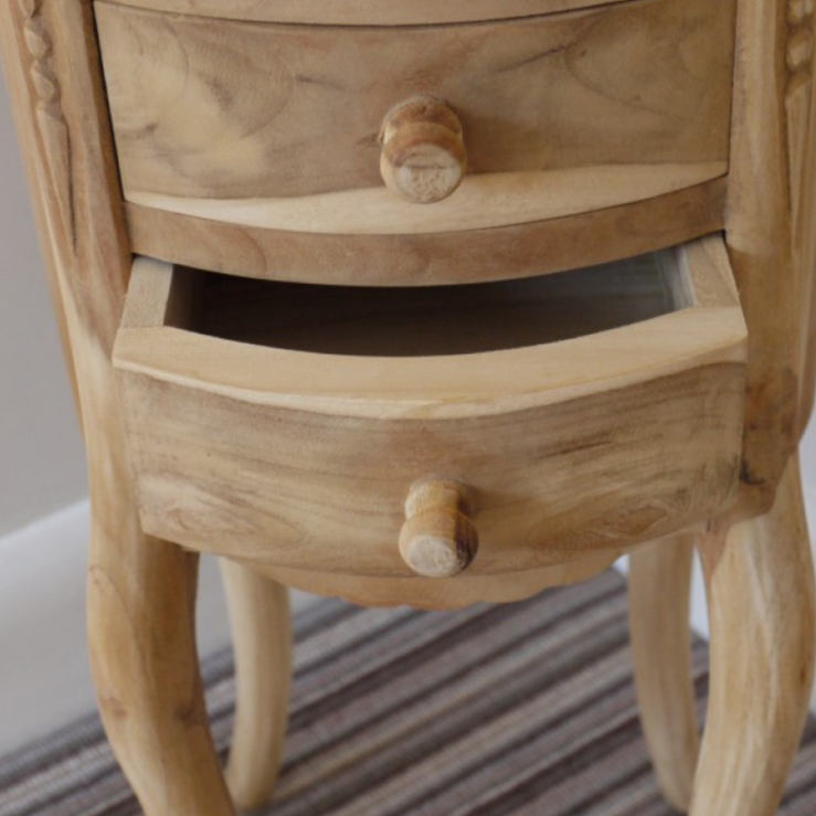 Unfinished Round Wooden Bedside Table open drawer