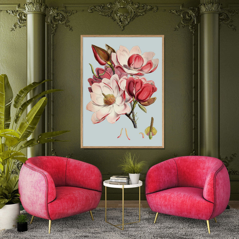 Blooming Pink Flower Print displayed in a lounge with two pink chairs