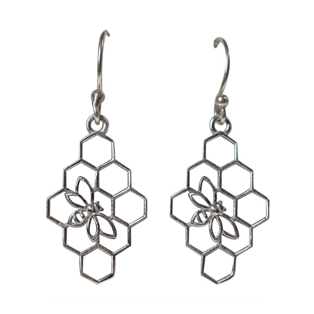 Honeycomb & Bee Silver Earrings