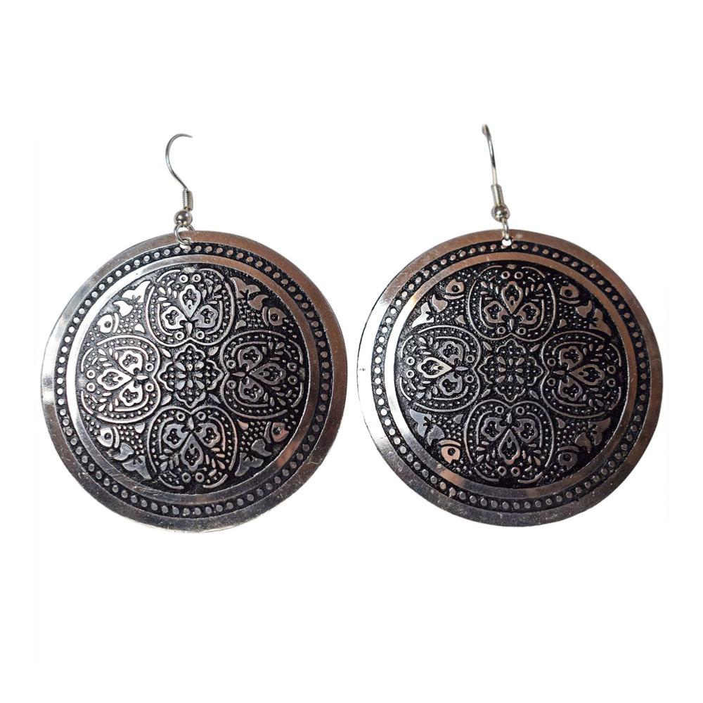 Round Brass Silver and Black Floral Earrings