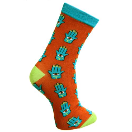 Bamboo socks hamsa hands, orange with turquoise hands and a lime green toe and heel