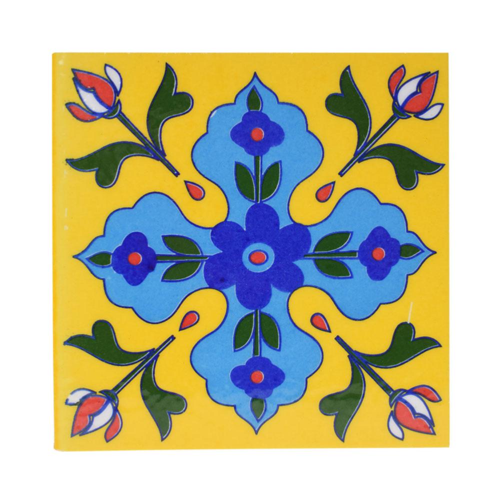 Single Square Ceramic Coaster- Yellow with Blue Flowers