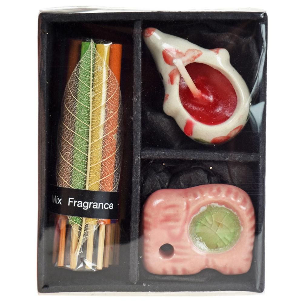 Mini Ceramic Elephant Tealight and Incense Sticks Set Mix