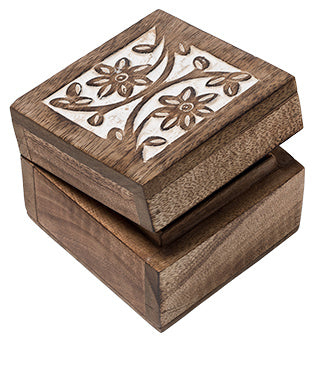 Square Daisy Design Hand Carved Wooden Box