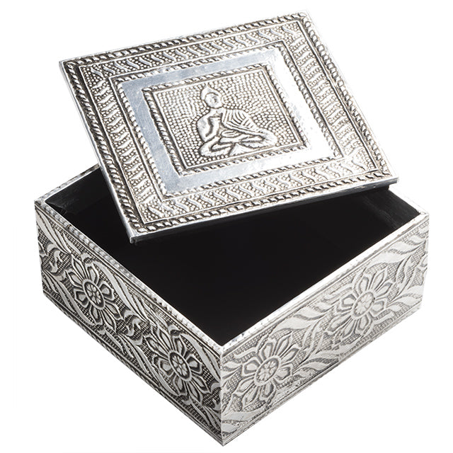 Buddha Embossed Silver Aluminum Trinket Box 