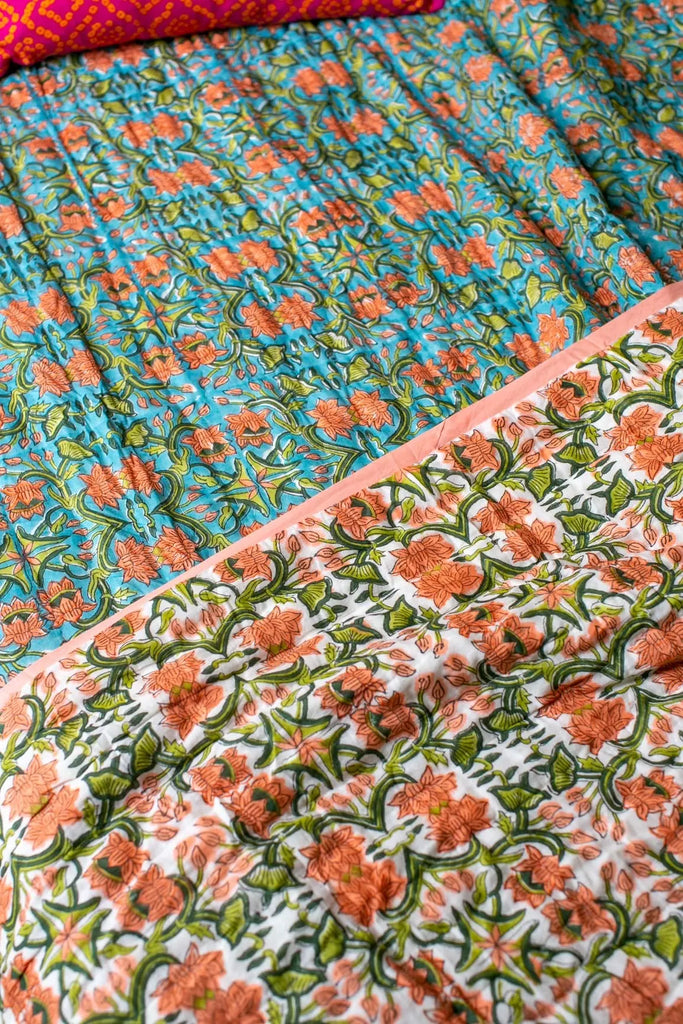 Block Printed Indian Double Quilt in Orange & Blue