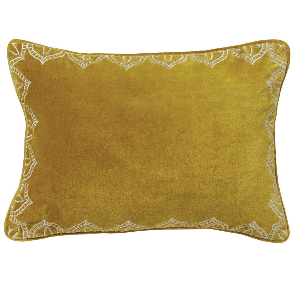 Embroidered Velvet Cushion Yellow