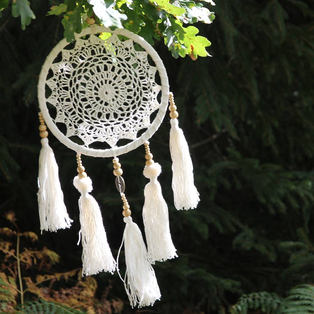 White Crochet Dreamcatcher with Tassels & Coin