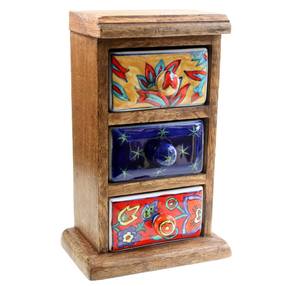 Mini Wooden Chest with 3 Ceramic Drawers