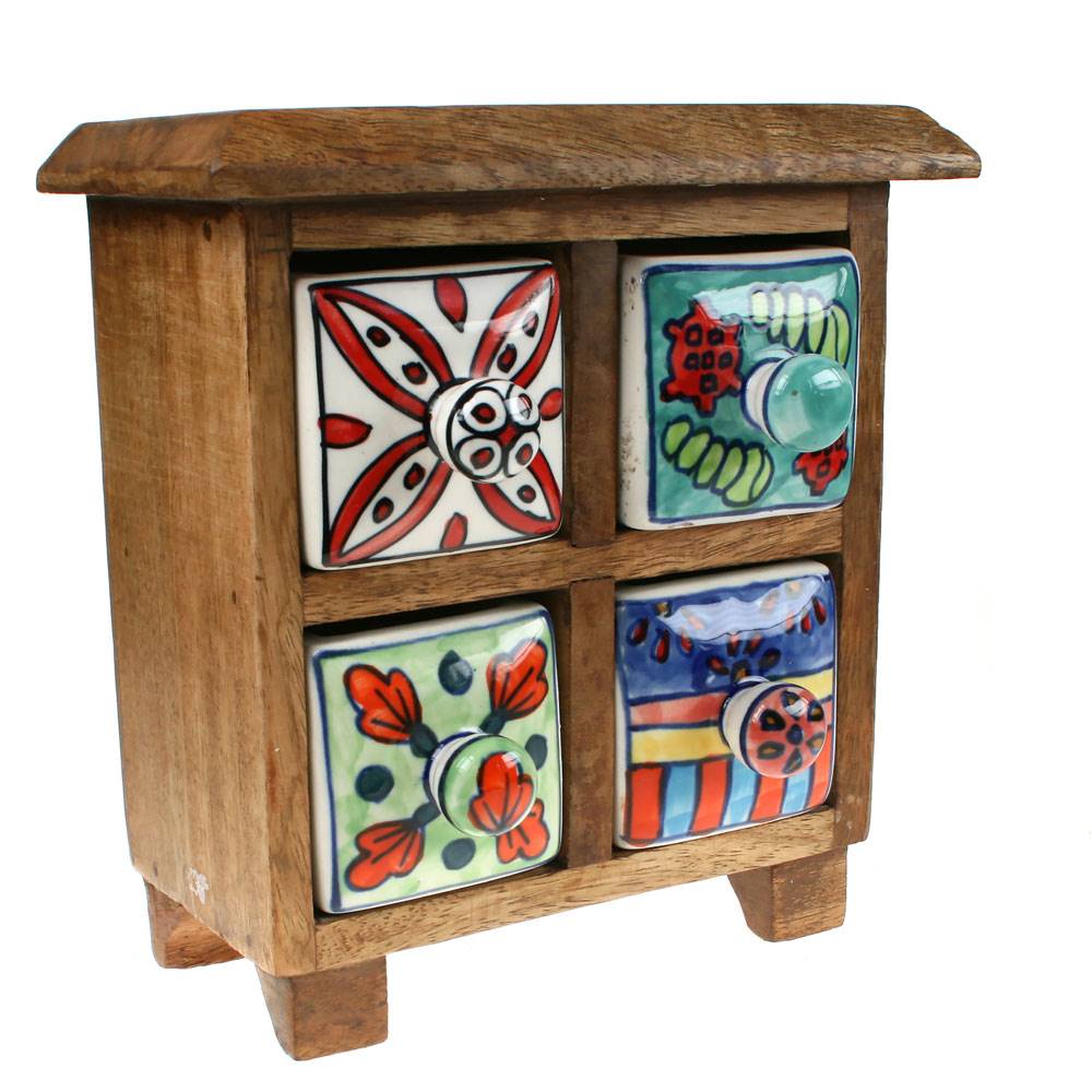 Wooden Mini Chest With Four Ceramic Drawers