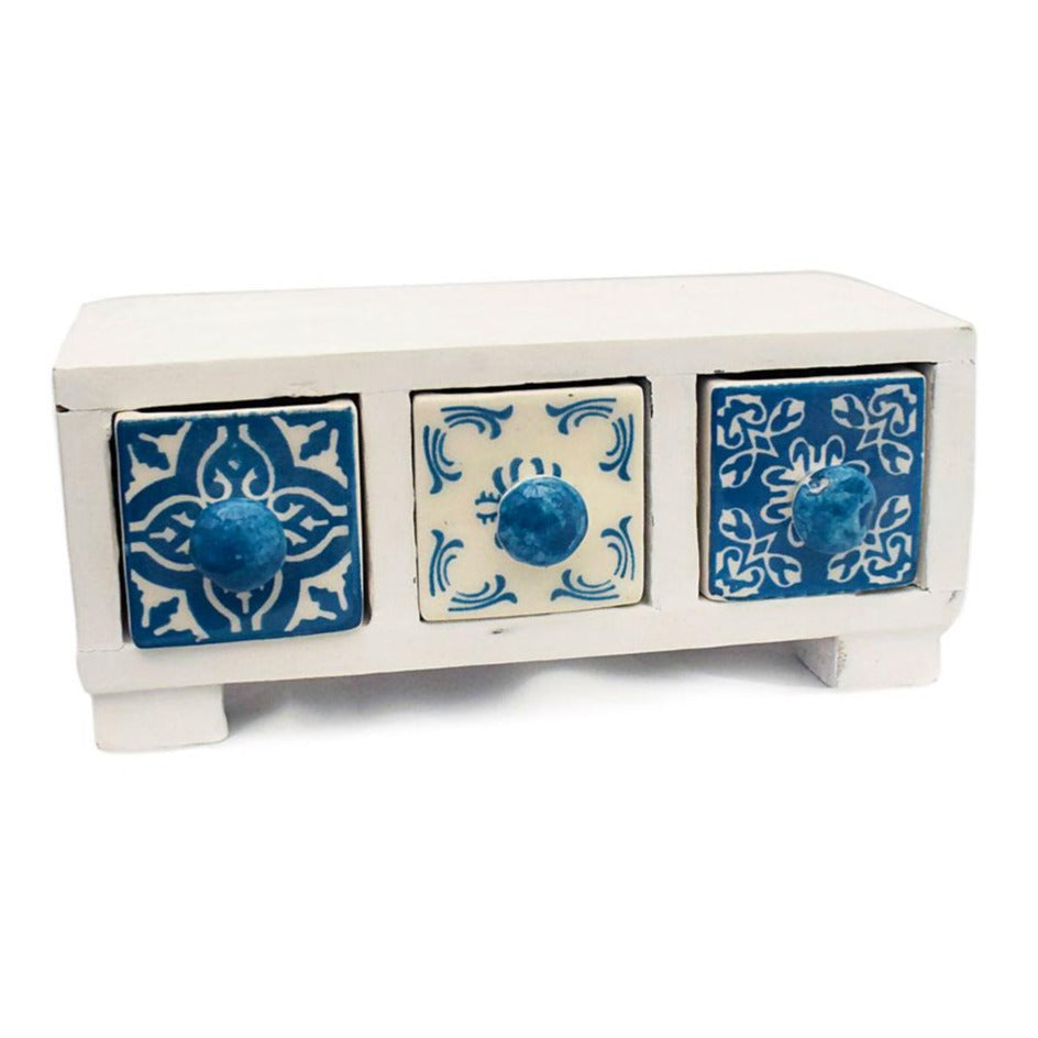 Mini Blue & White Wooden Chest with 3 Ceramic Drawers