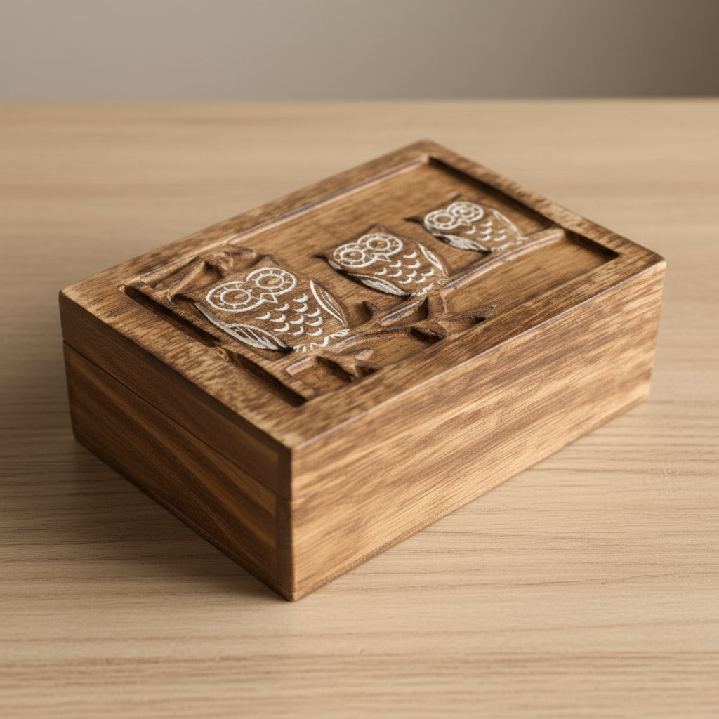 Mango Wood box with owl carvings on a wooden surface Uneeka