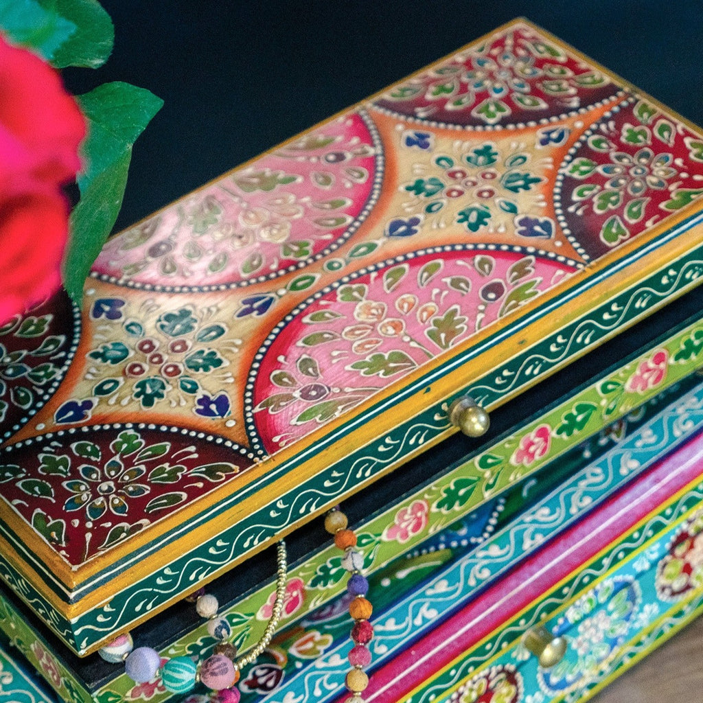 Hand Painted Green Floral Wooden Box 