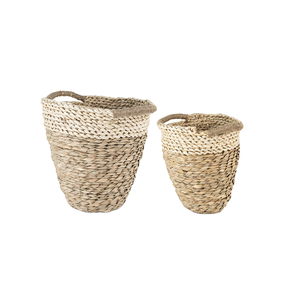 Natural Striped Straw & Corn Basket With Handles, natural rattan at the bottom with cream/white rope pattern at the top