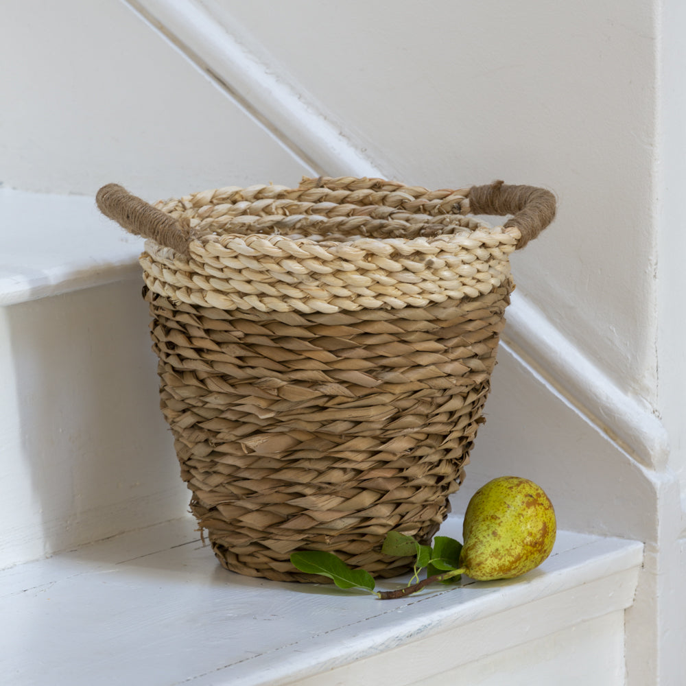 Natural Striped Straw & Corn Basket With Handles