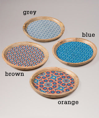 Large mango wood plate made from sustainable wood with beautiful Moroccan inspired traditional geometrical prints.