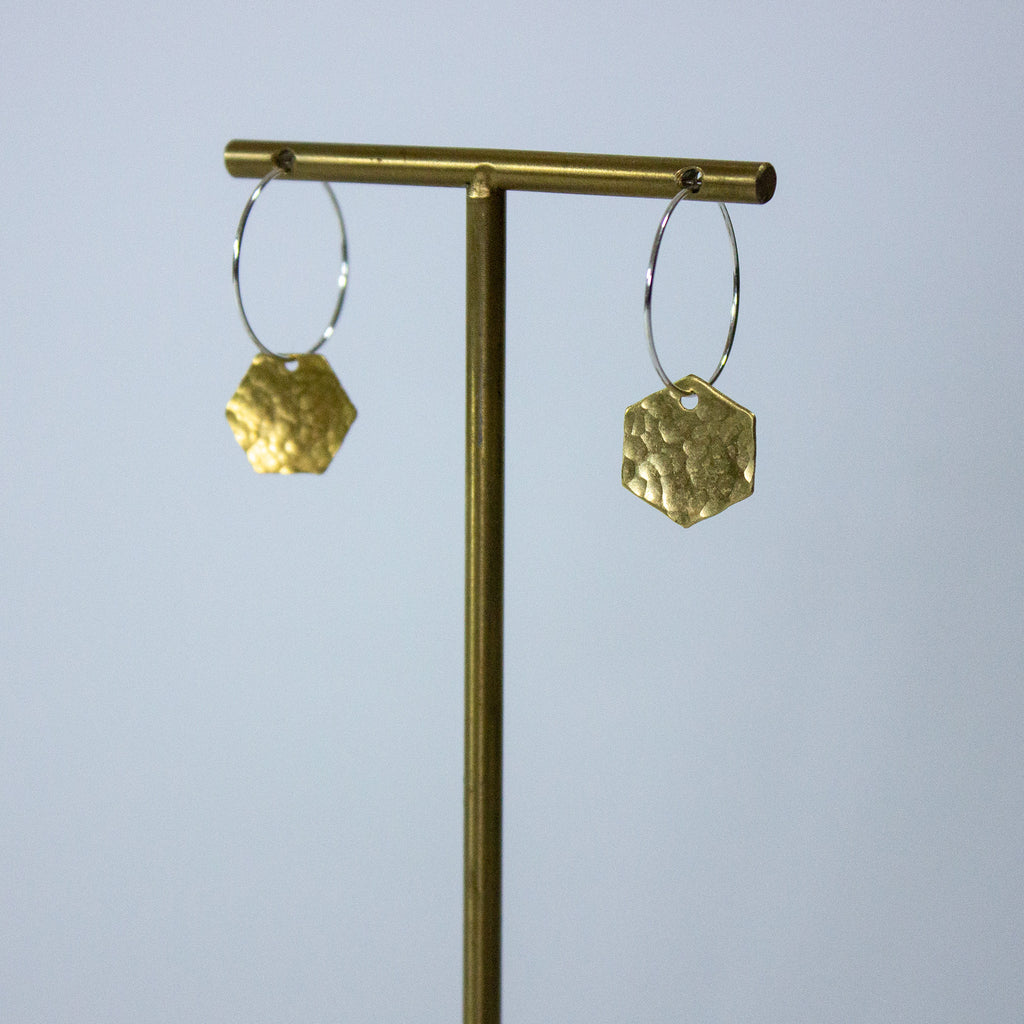Hexagon Medium Brass Assorted Shape Hoop Earrings