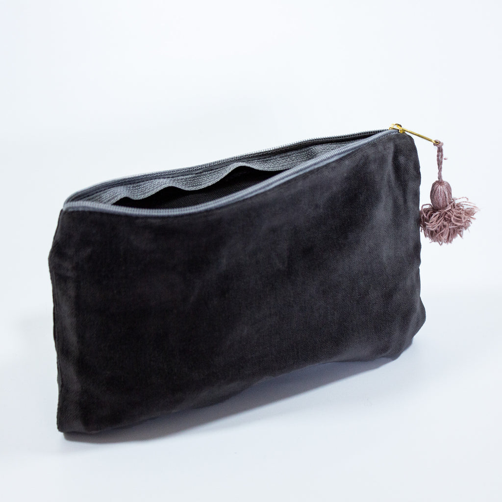 Charcoal Small Velvet Washbag With Tassels