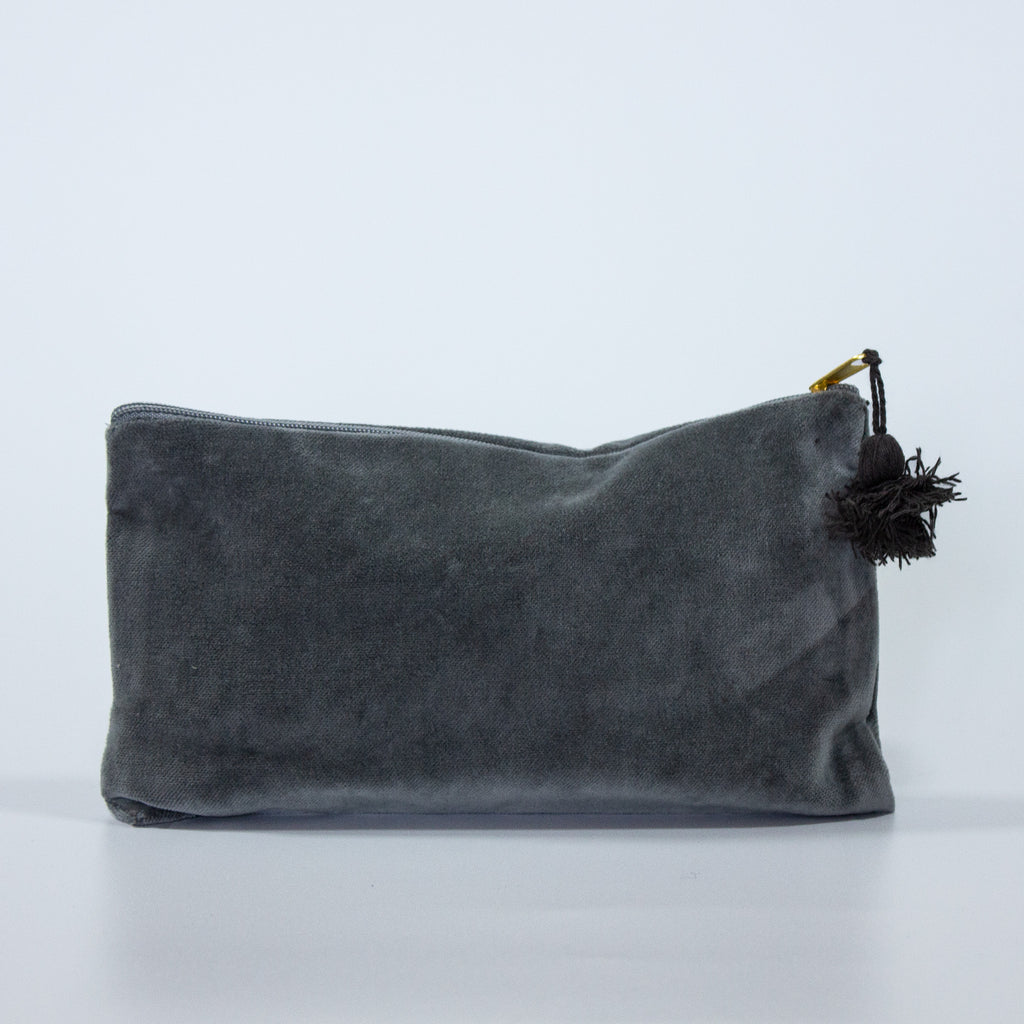 Grey Small Velvet Washbag With Tassels