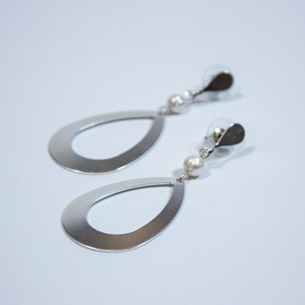 Silver  Large Drop Shape Earrings with Natural Pearl